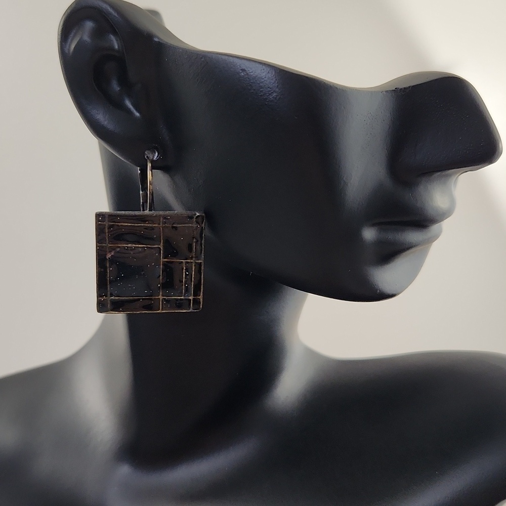 Vintage Black Enamel Square Dangle Earrings Gold Tone Geometric Abstract Art Dec
